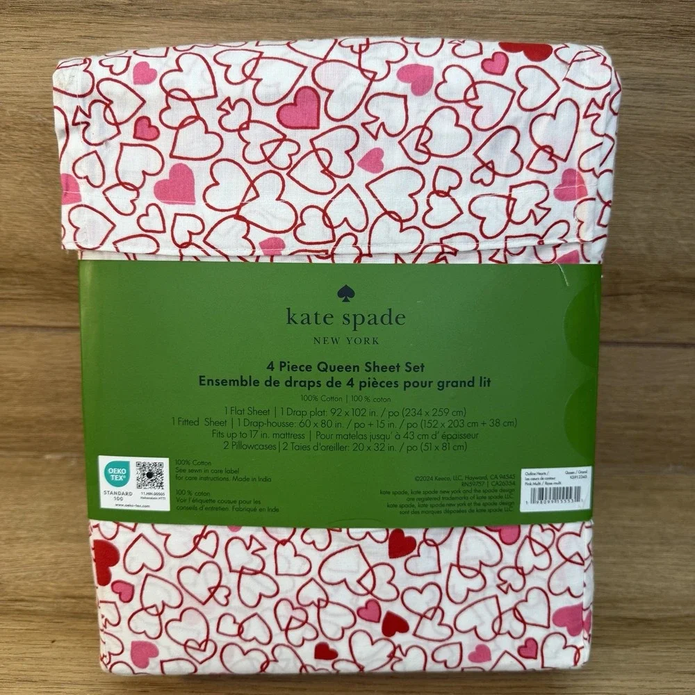 Kate Spade New York 4 Piece Queen Sheet Set Heart Print 100% Cotton NWT